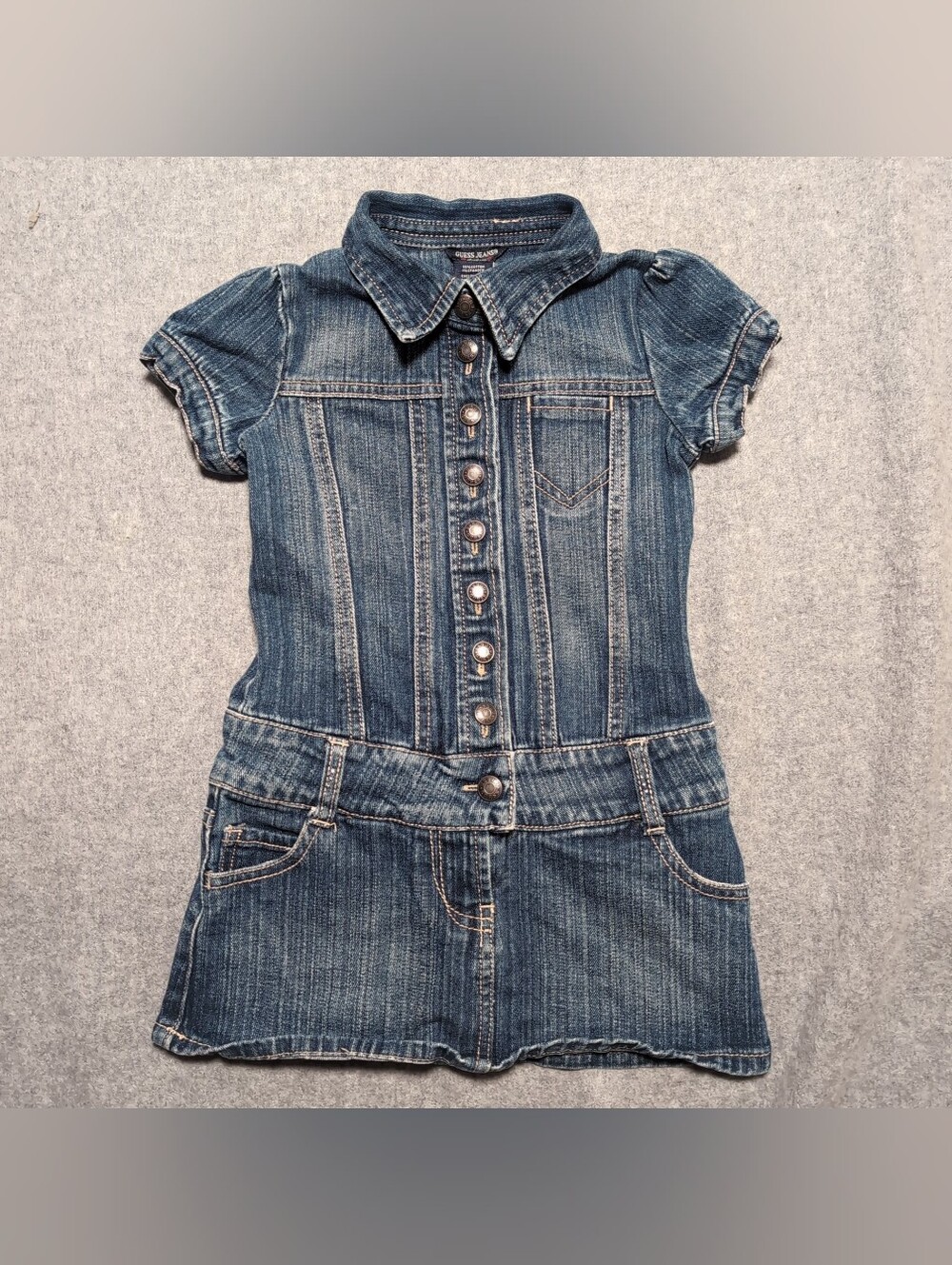 VTG Y2K GUESS Denim Button Down Short Sleeve Dress Size Medium 5/6 Rhinestone